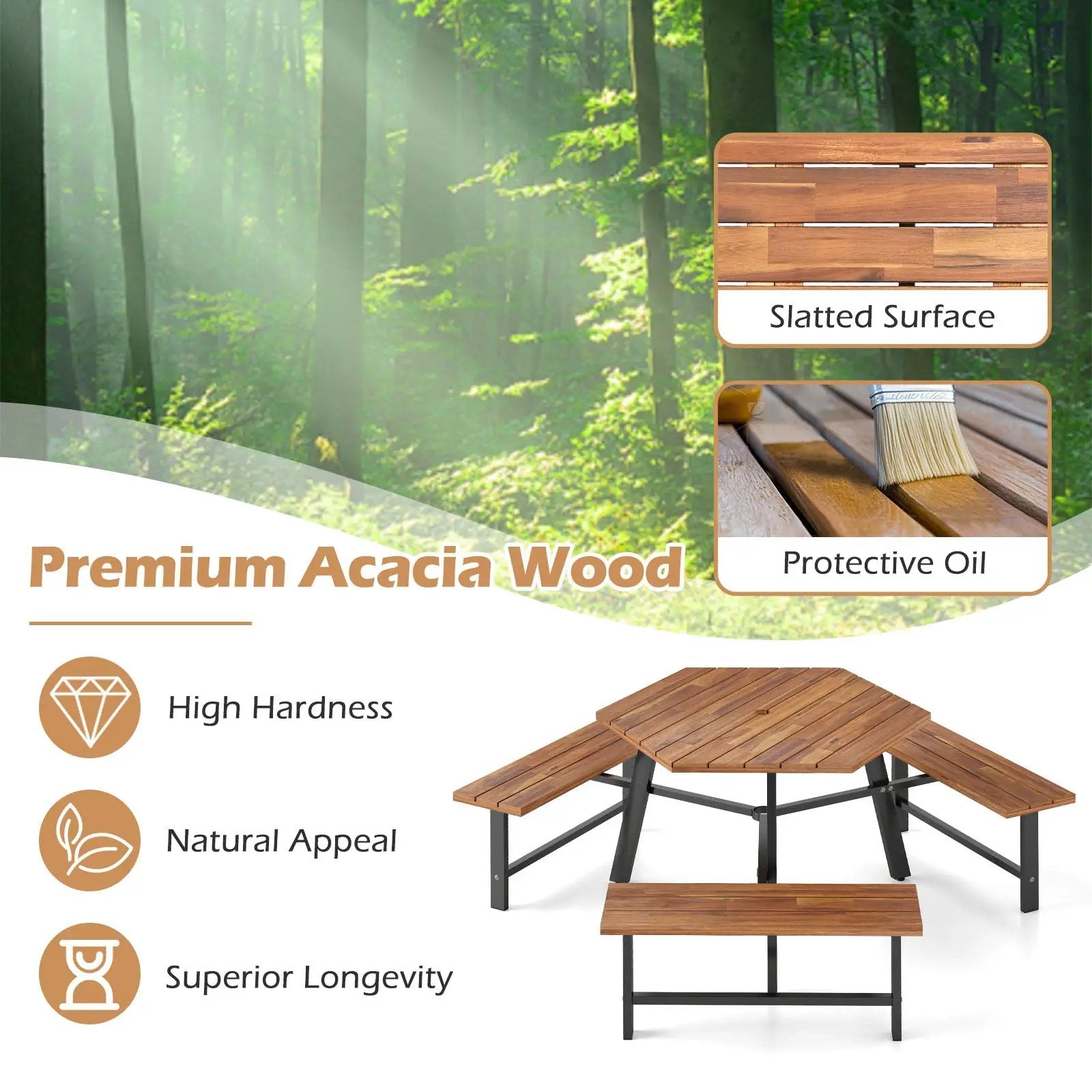6 Person Acacia Wood Picnic Table Bench Set with 3 Seats by DirectDeals