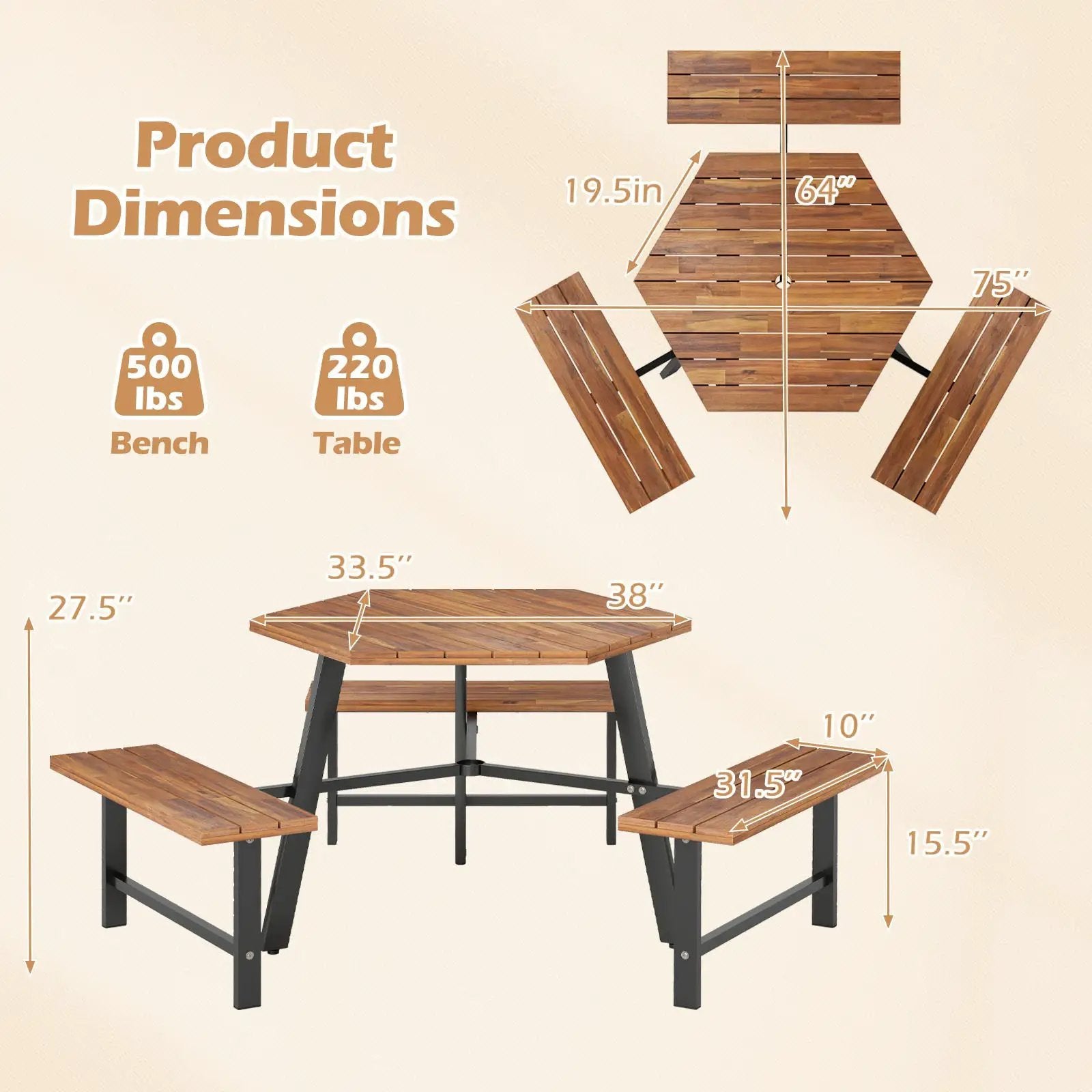 6 Person Acacia Wood Picnic Table Bench Set with 3 Seats by DirectDeals
