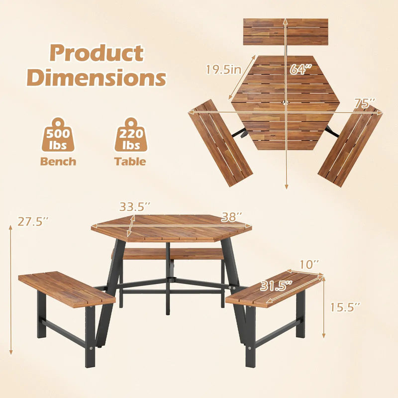 6 Person Acacia Wood Picnic Table Bench Set with 3 Seats by DirectDeals