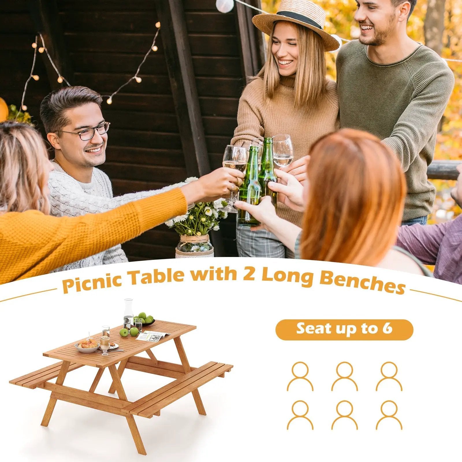 6 Person Picnic Table Set Patio Rectangle with 2 Built-in Benches and Umbrella Hole by DirectDeals