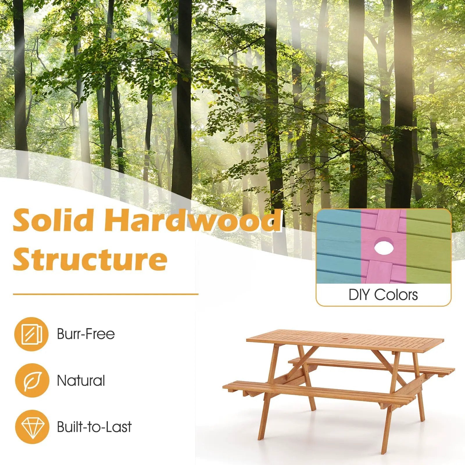 6 Person Picnic Table Set Patio Rectangle with 2 Built-in Benches and Umbrella Hole by DirectDeals