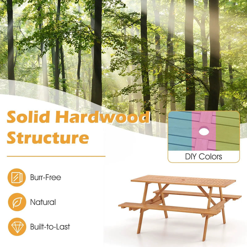 6 Person Picnic Table Set Patio Rectangle with 2 Built-in Benches and Umbrella Hole by DirectDeals