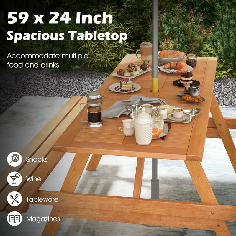 6 Person Picnic Table Set Patio Rectangle with 2 Built-in Benches and Umbrella Hole by DirectDeals
