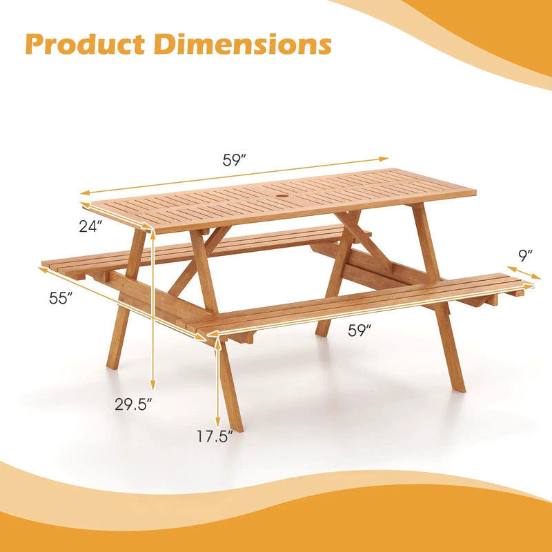 6 Person Picnic Table Set Patio Rectangle with 2 Built-in Benches and Umbrella Hole by DirectDeals