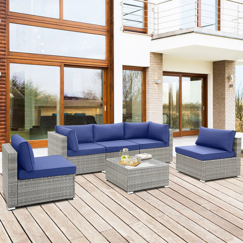 6 Piece Patio Conversation Sofa Set with Tempered Glass Coffee Table-Navy by DirectDeals
