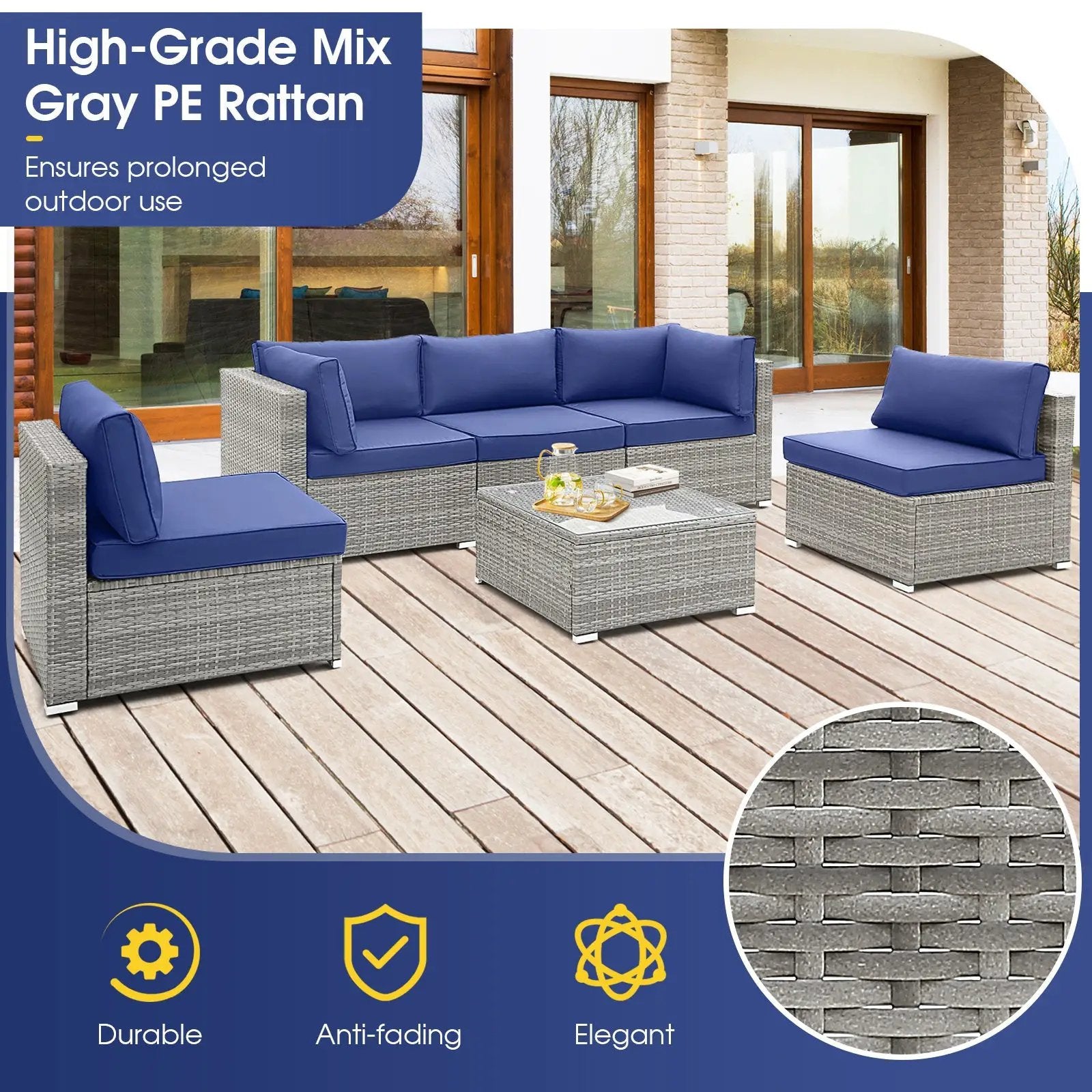 6 Piece Patio Conversation Sofa Set with Tempered Glass Coffee Table-Navy by DirectDeals
