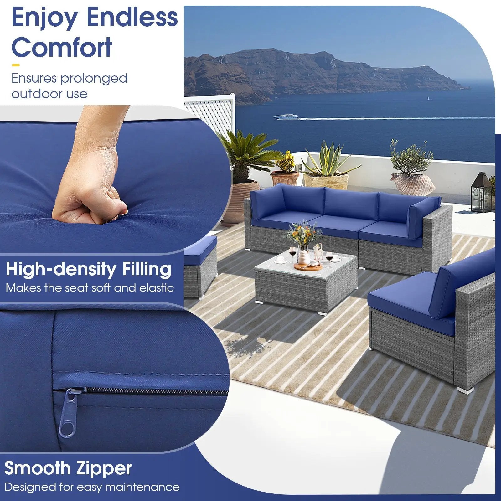 6 Piece Patio Conversation Sofa Set with Tempered Glass Coffee Table-Navy by DirectDeals