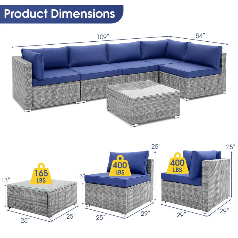 6 Piece Patio Conversation Sofa Set with Tempered Glass Coffee Table-Navy by DirectDeals