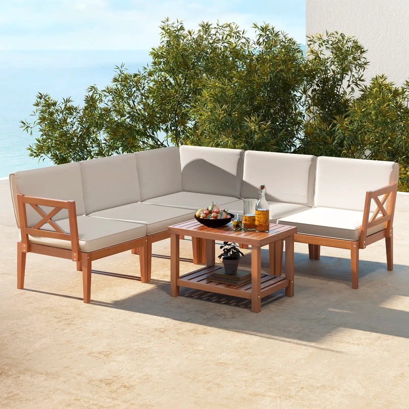 6 Pieces Acacia Wood Patio Furniture Set with Cushions and 2-Tier Coffee Table-White by DirectDeals