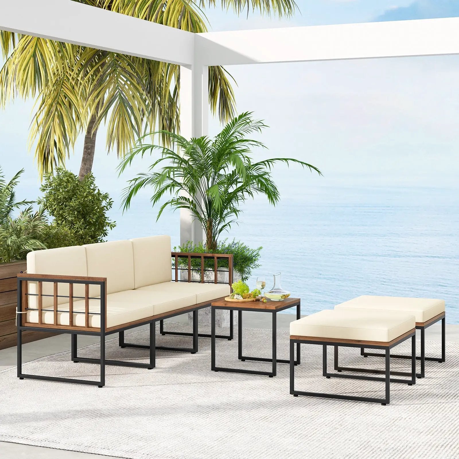 6 Pieces Acacia Wood Patio Furniture Set with Coffee Table and Ottomans-Beige by DirectDeals