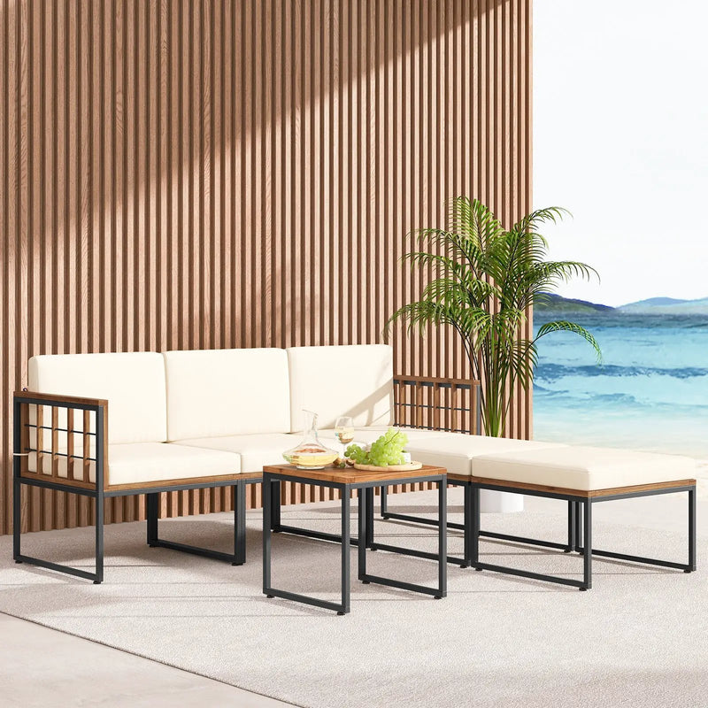 6 Pieces Acacia Wood Patio Furniture Set with Coffee Table and Ottomans-Beige by DirectDeals
