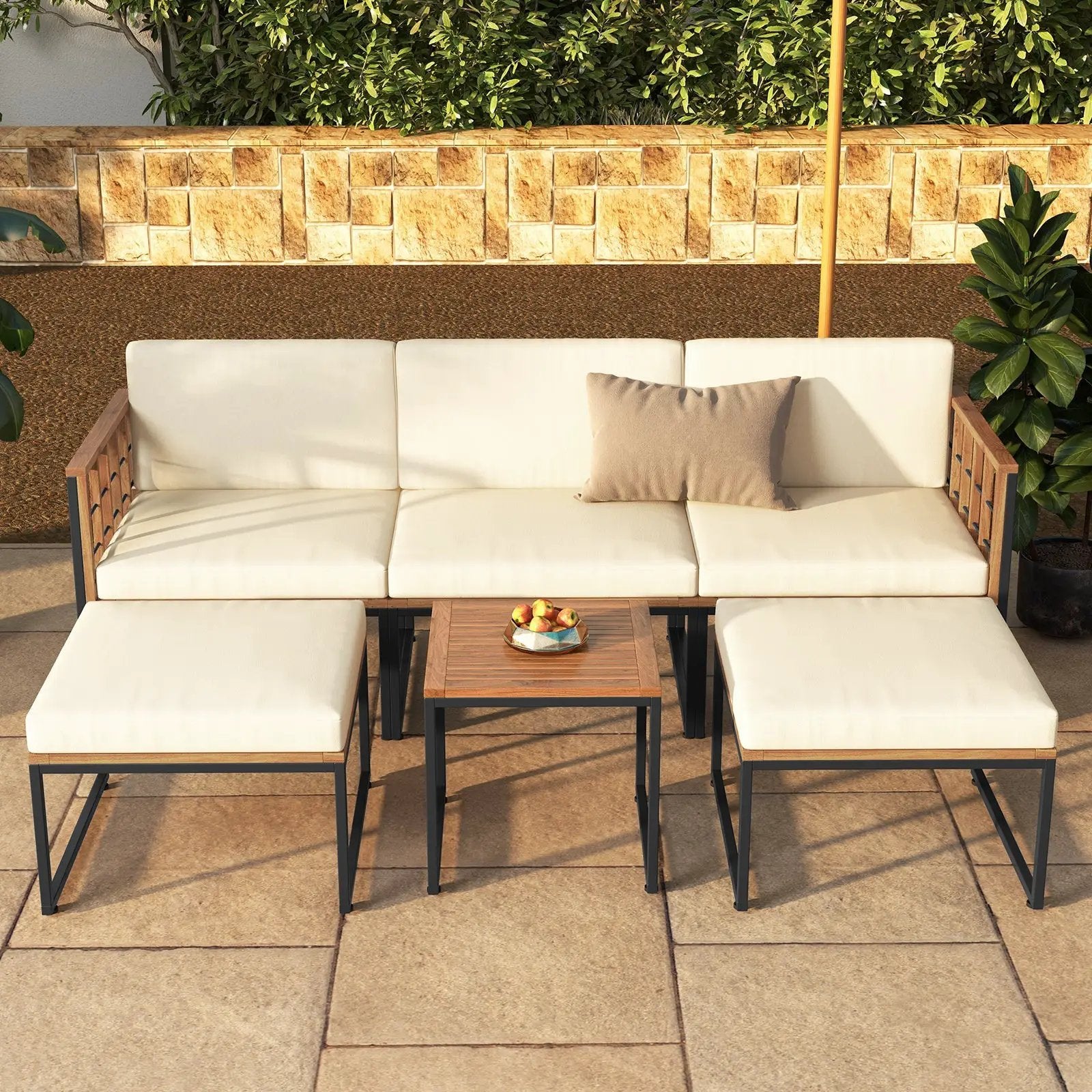 6 Pieces Acacia Wood Patio Furniture Set with Coffee Table and Ottomans-Beige by DirectDeals