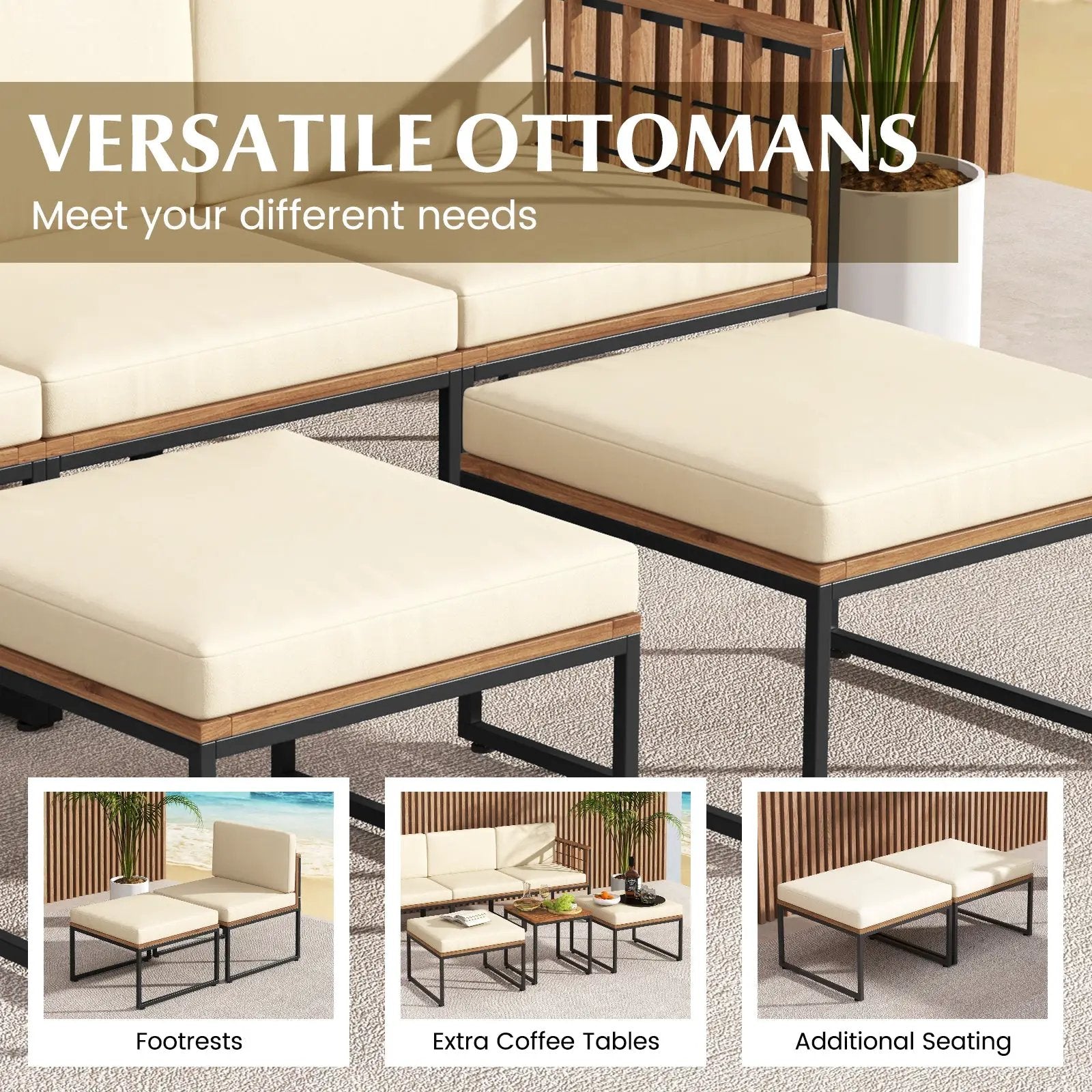 6 Pieces Acacia Wood Patio Furniture Set with Coffee Table and Ottomans-Beige by DirectDeals