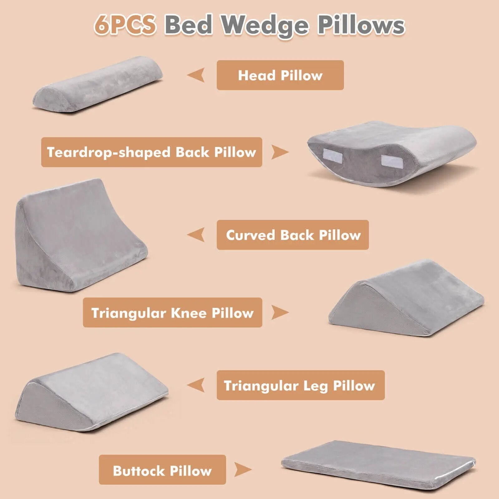 6 Pieces Orthopedic Bed Wedge Pillow Set for Back Neck Leg-Gray by DirectDeals