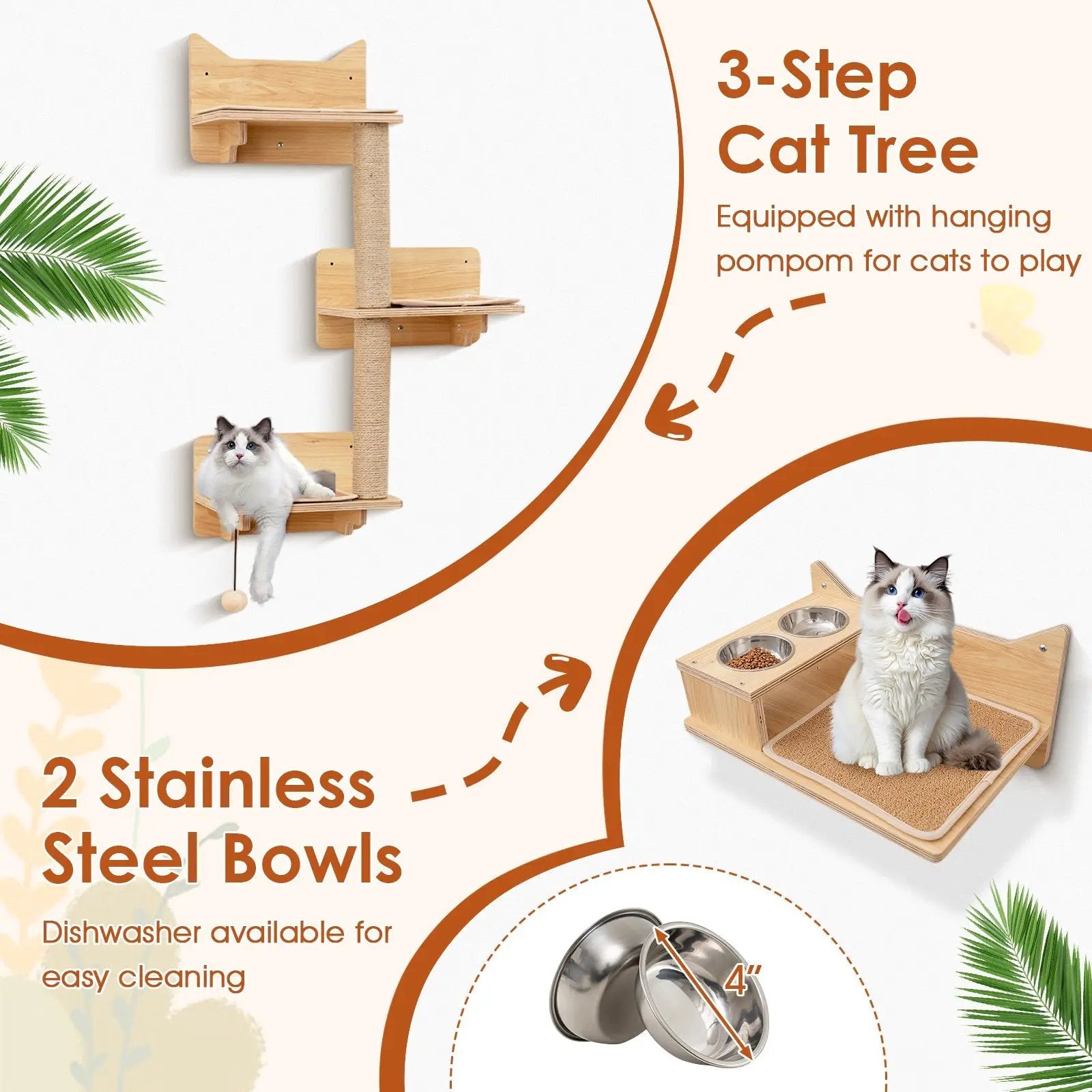 6 Pieces Cat Wall Furniture Set Kitten Wall Mounted Shelves-Natural by DirectDeals