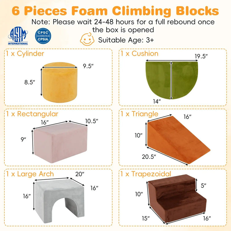 Foam Climbing Blocks Set with Slide and Tunnel - 6 Pieces by DirectDeals