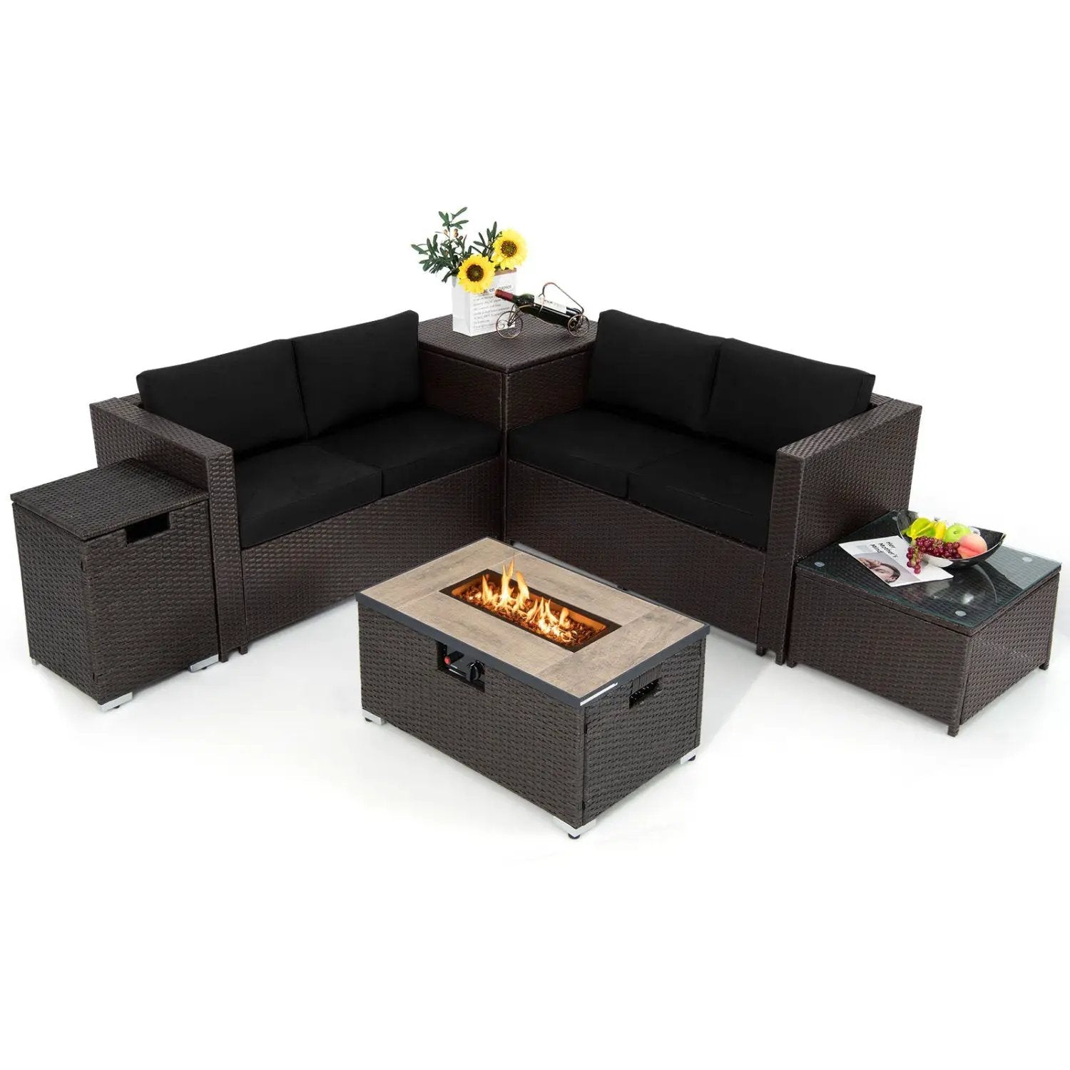 6 Pieces Outdoor Wicker Furniture Set with 32 Inch Propane Fire Pit Table by DirectDeals
