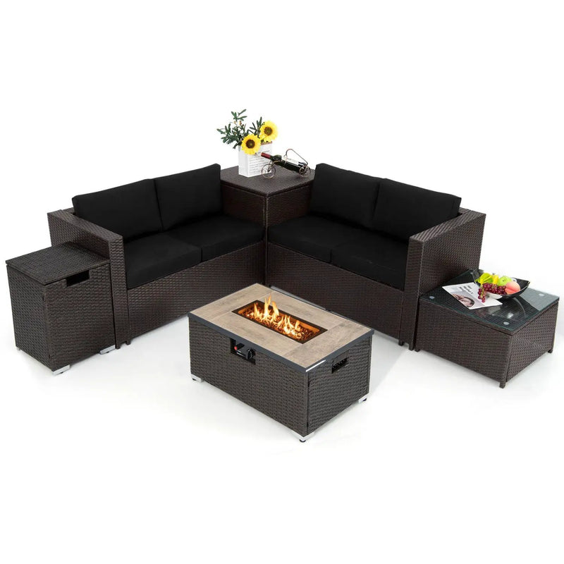 6 Pieces Outdoor Wicker Furniture Set with 32 Inch Propane Fire Pit Table by DirectDeals