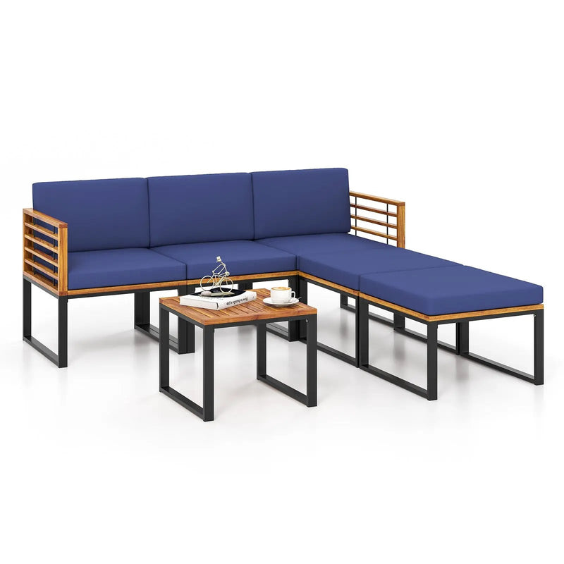 6 Piece Patio Acacia Wood Conversation Sofa Set with Ottomans and Coffee Table-Navy by DirectDeals
