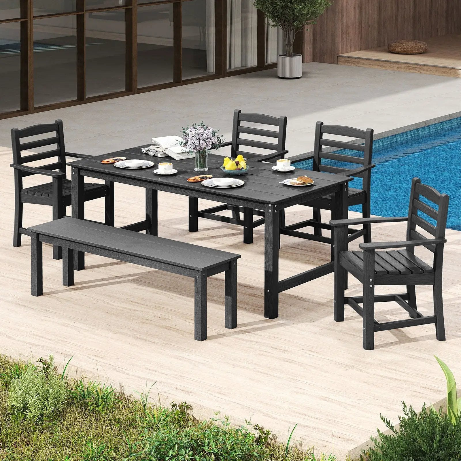 6 Pieces Patio Dining Bench Set Outdoor HDPE Weather Resistant Table and Chairs Set by DirectDeals