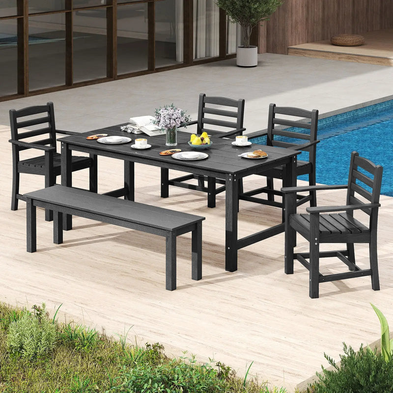 6 Pieces Patio Dining Bench Set Outdoor HDPE Weather Resistant Table and Chairs Set by DirectDeals