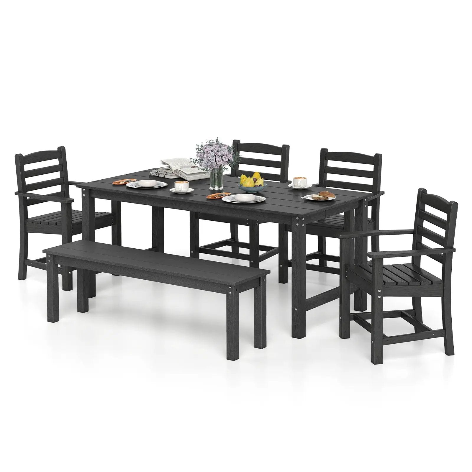 6 Pieces Patio Dining Bench Set Outdoor HDPE Weather Resistant Table and Chairs Set by DirectDeals