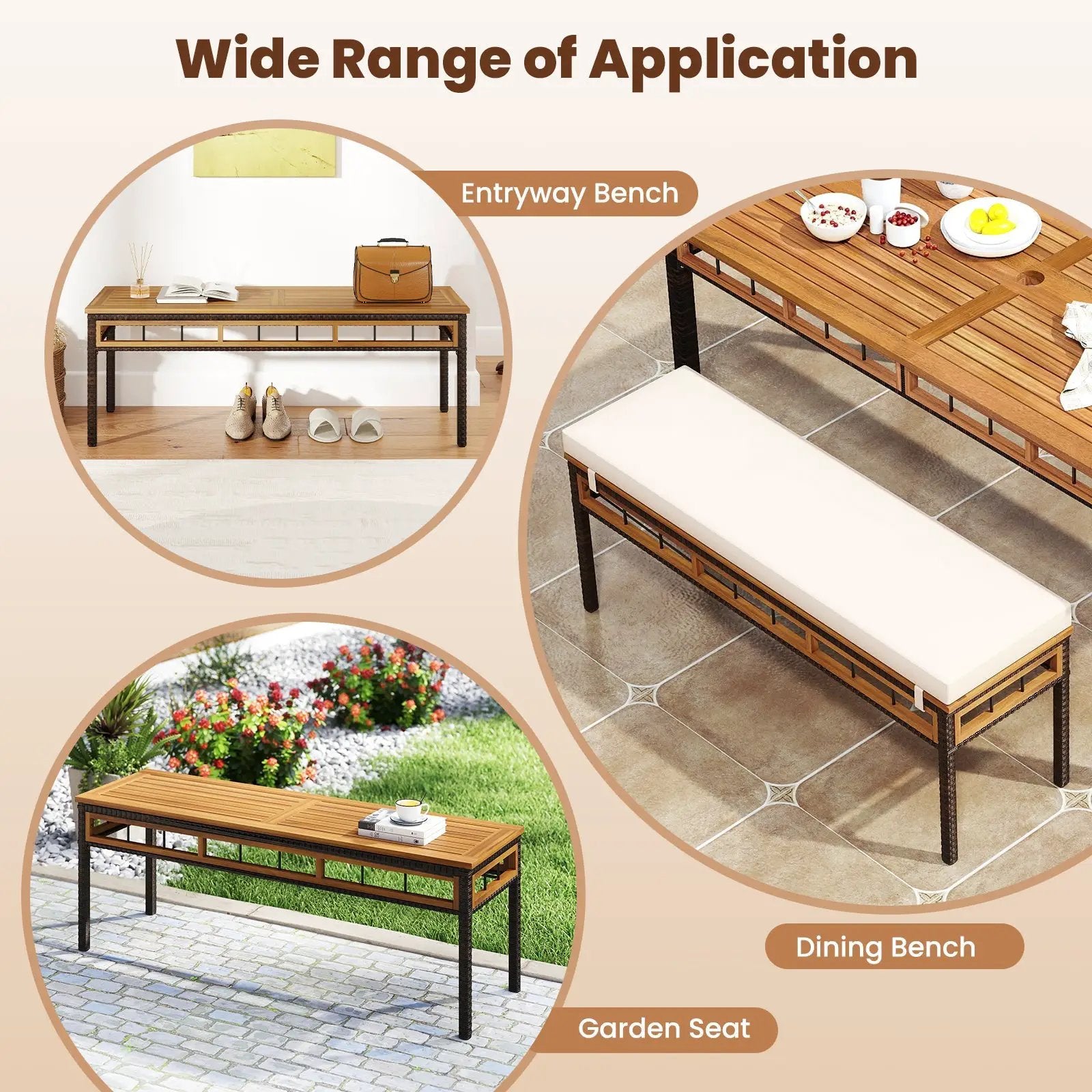 Wicker Patio Bench for 2 People 48invh Long Backless Dining Bench with Acacia Wood Seat-White by DirectDeals