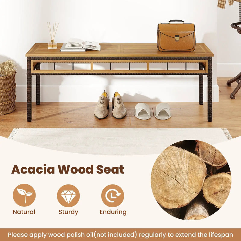 Wicker Patio Bench for 2 People 48invh Long Backless Dining Bench with Acacia Wood Seat-White by DirectDeals