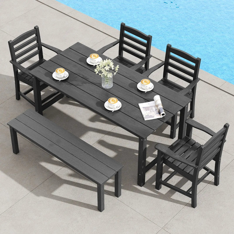 6 Pieces Patio Dining Bench Set Outdoor HDPE Weather Resistant Table and Chairs Set by DirectDeals