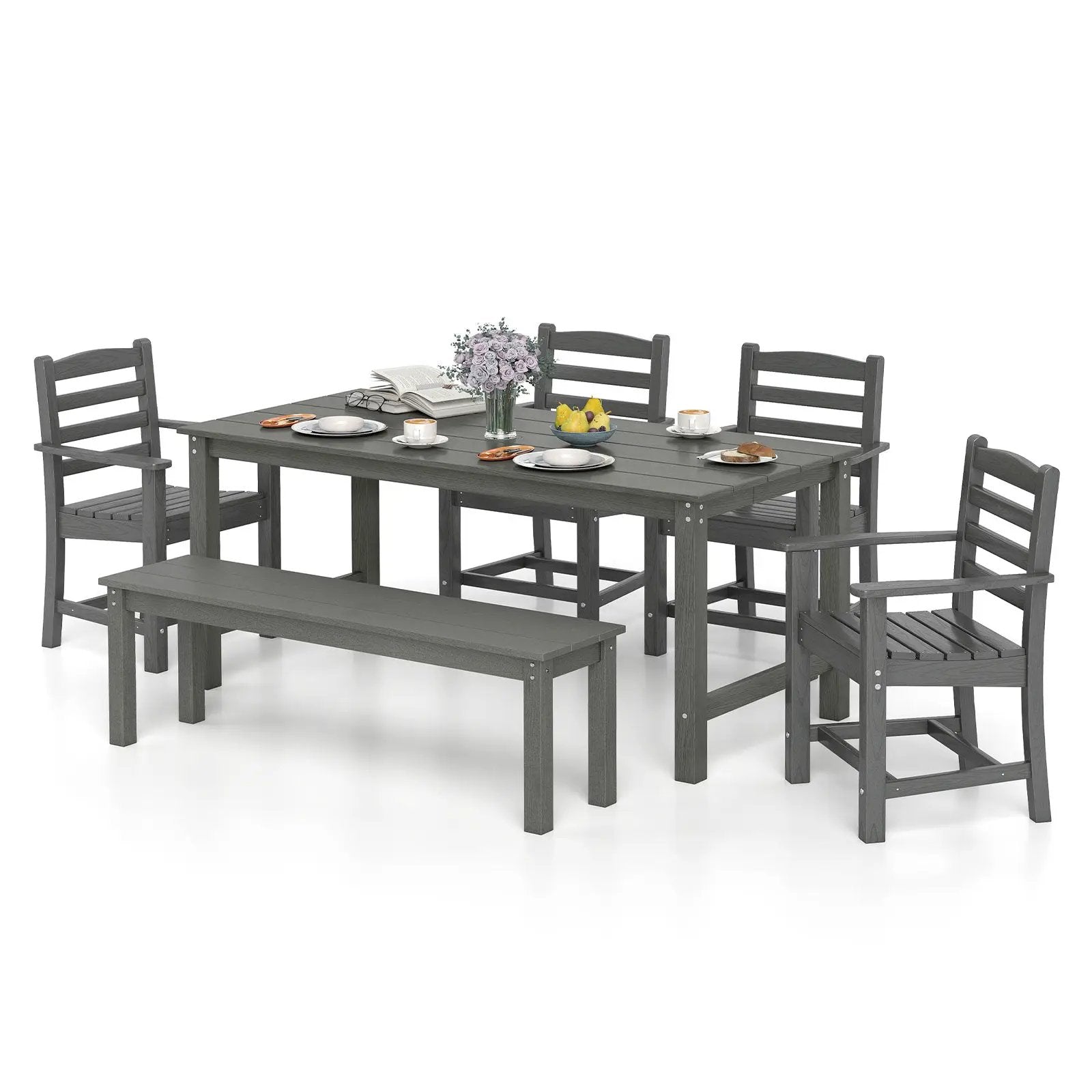 6 Pieces Patio Dining Bench Set Outdoor HDPE Weather Resistant Table and Chairs Set by DirectDeals
