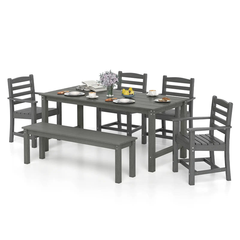 6 Pieces Patio Dining Bench Set Outdoor HDPE Weather Resistant Table and Chairs Set by DirectDeals