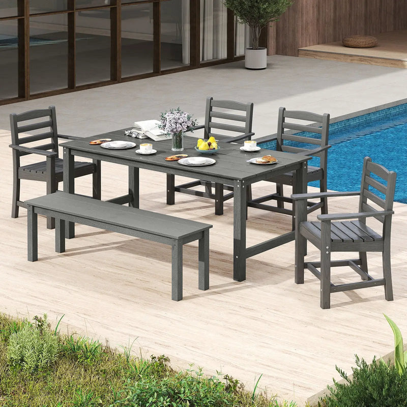 6 Pieces Patio Dining Bench Set Outdoor HDPE Weather Resistant Table and Chairs Set by DirectDeals