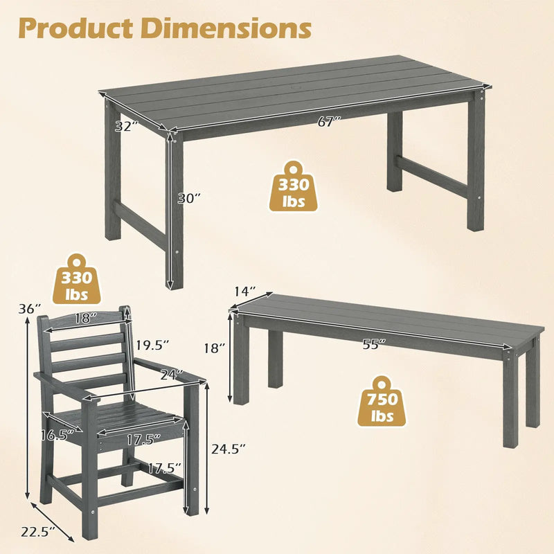 6 Pieces Patio Dining Bench Set Outdoor HDPE Weather Resistant Table and Chairs Set by DirectDeals