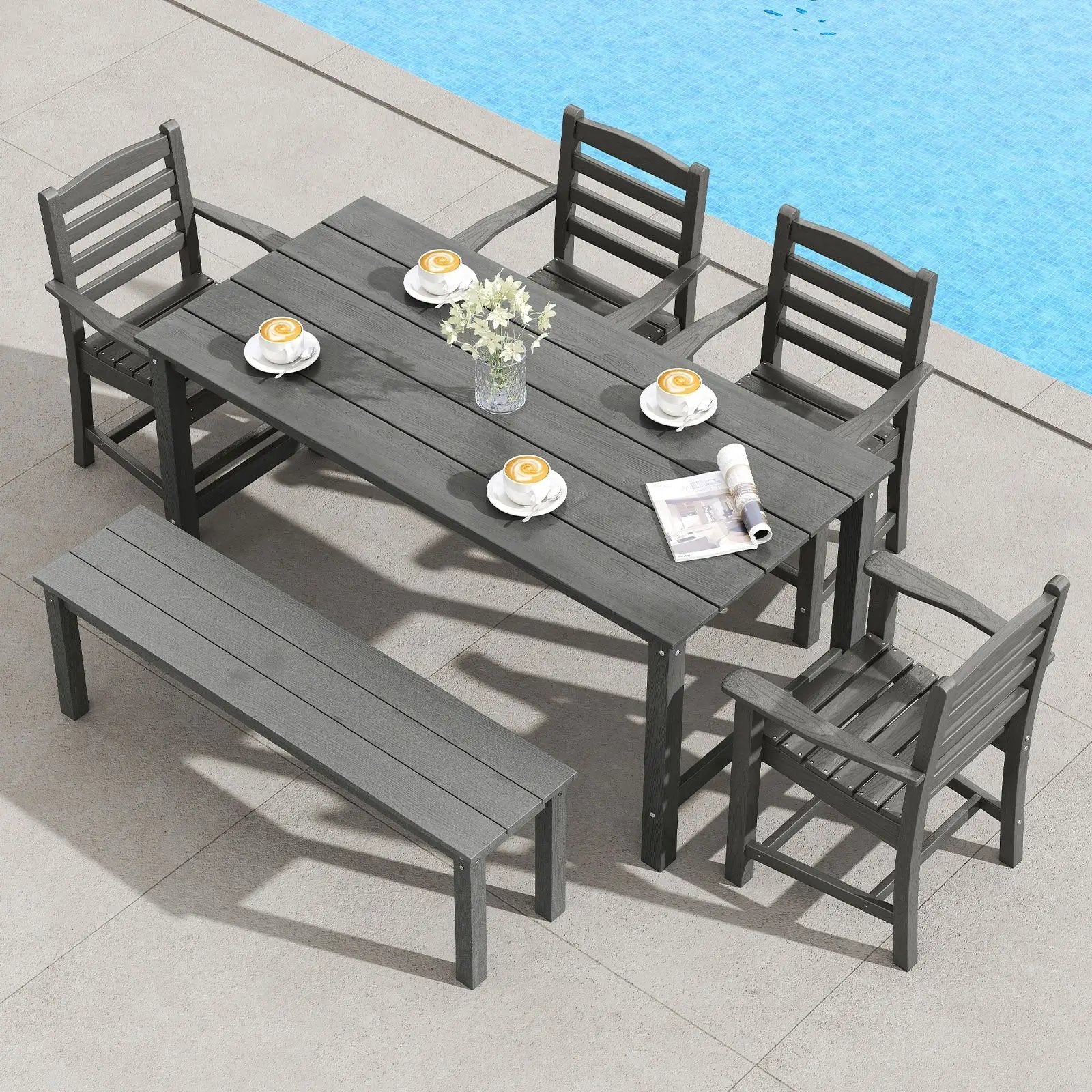 6 Pieces Patio Dining Bench Set Outdoor HDPE Weather Resistant Table and Chairs Set by DirectDeals