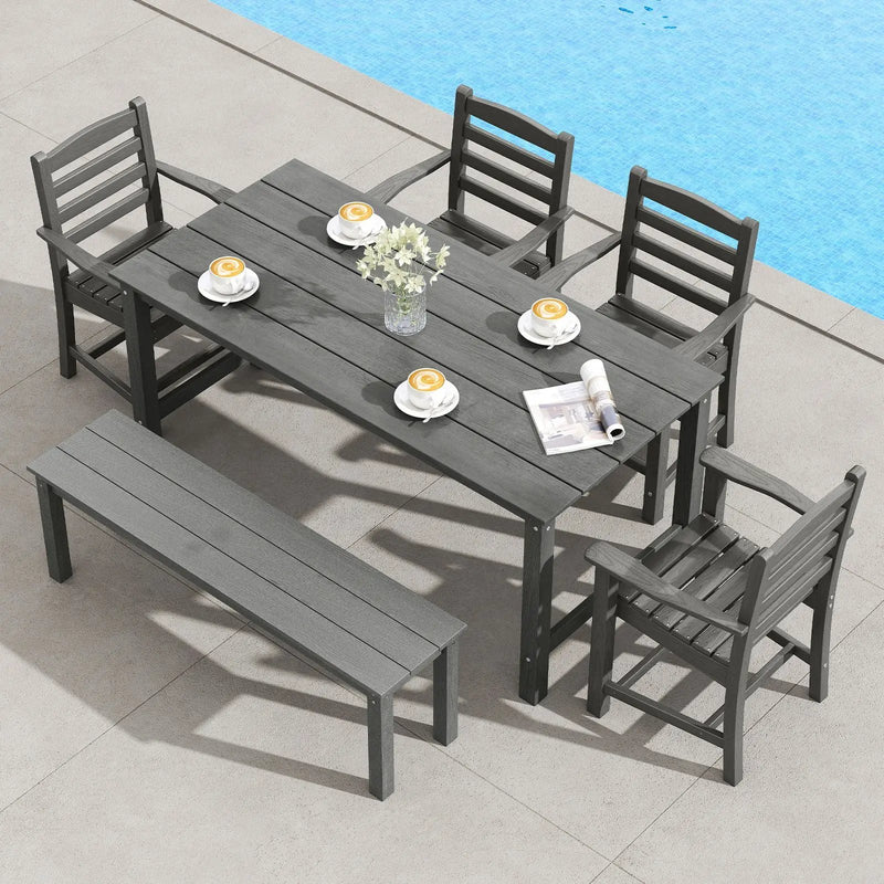 6 Pieces Patio Dining Bench Set Outdoor HDPE Weather Resistant Table and Chairs Set by DirectDeals