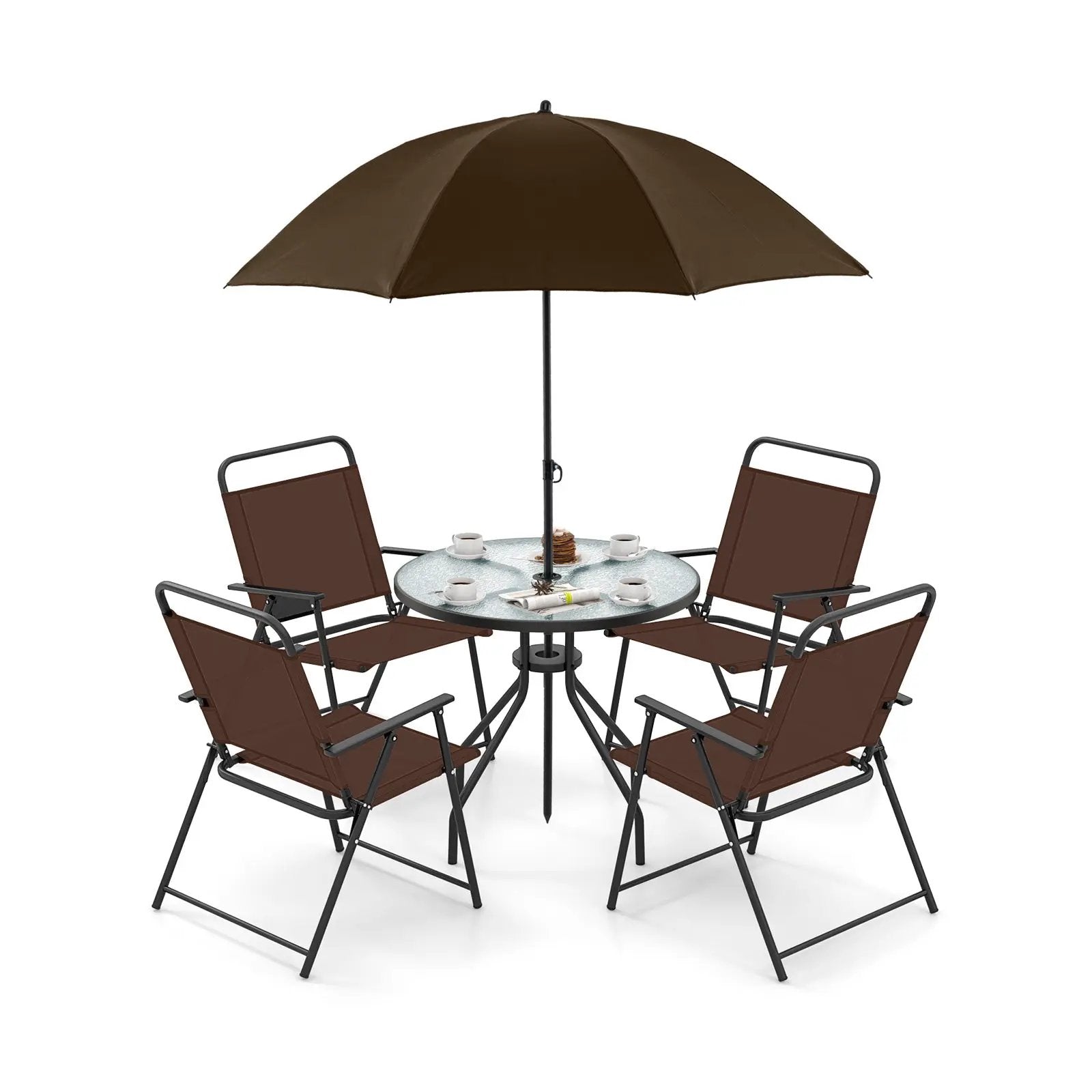 6 Pieces Patio Dining Set Folding Chairs Glass Table Tilt Umbrella for Garden by DirectDeals
