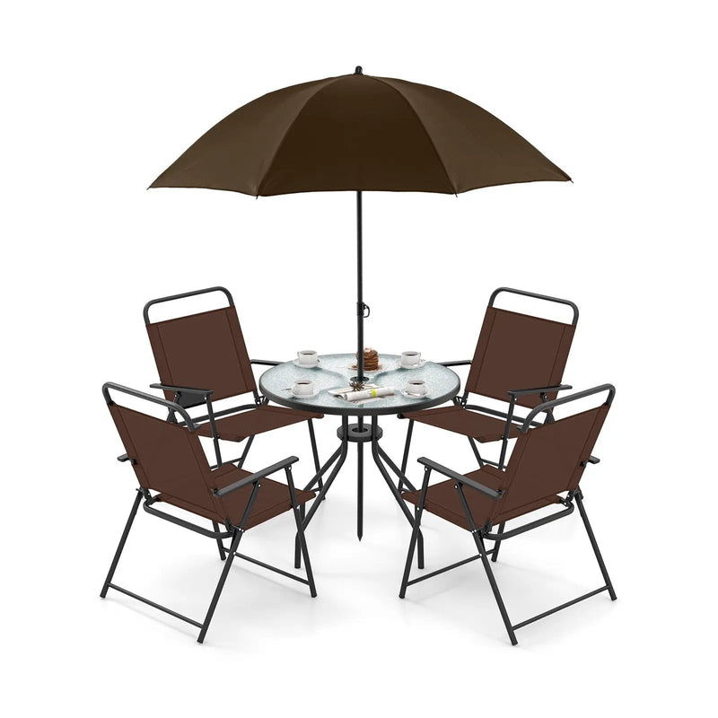 6 Pieces Patio Dining Set Folding Chairs Glass Table Tilt Umbrella for Garden by DirectDeals