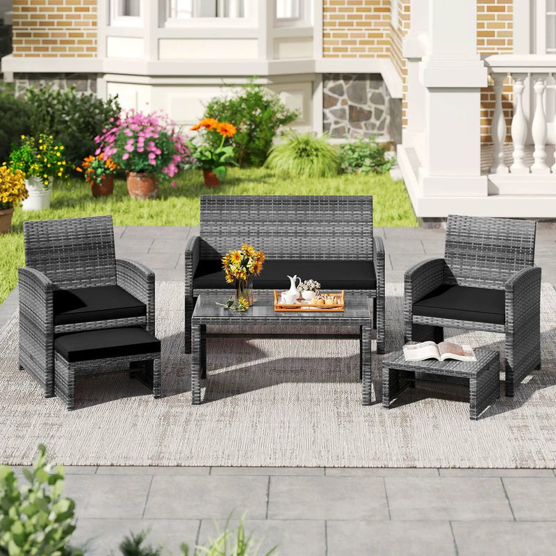 6 Pieces Patio Furniture Set Outdoor Sectional Conversation PE Rattan Sofa Set by DirectDeals