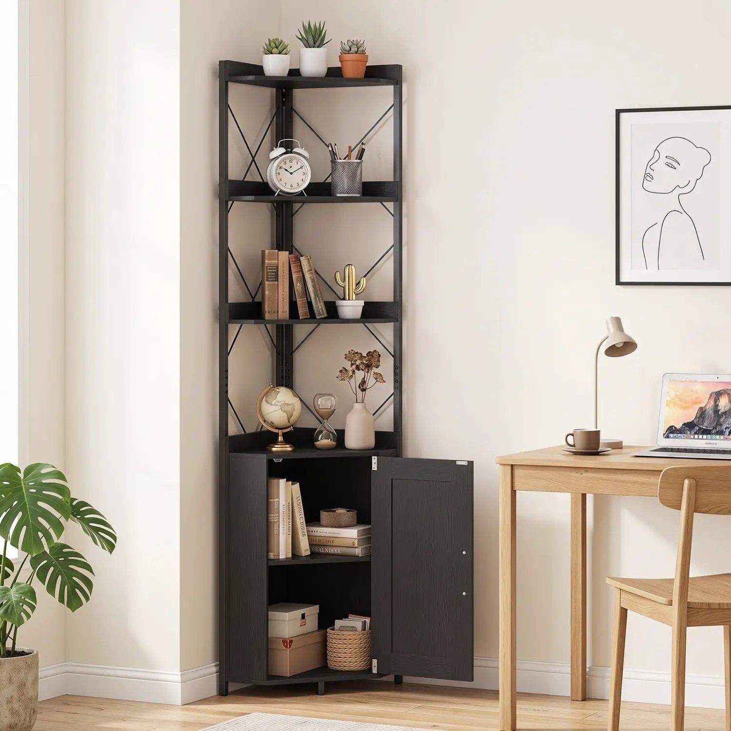 6-Tier Corner Bookshelf with Cabinet 71" Tall Metal Frame by DirectDeals