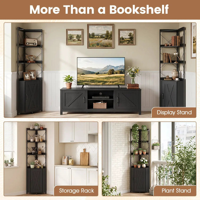 6-Tier Corner Bookshelf with Cabinet 71" Tall Metal Frame by DirectDeals