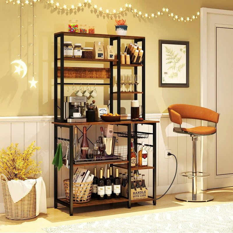 6-Tier Bakers Rack with Power Outlet Stand Wooden Open Shelves by DirectDeals