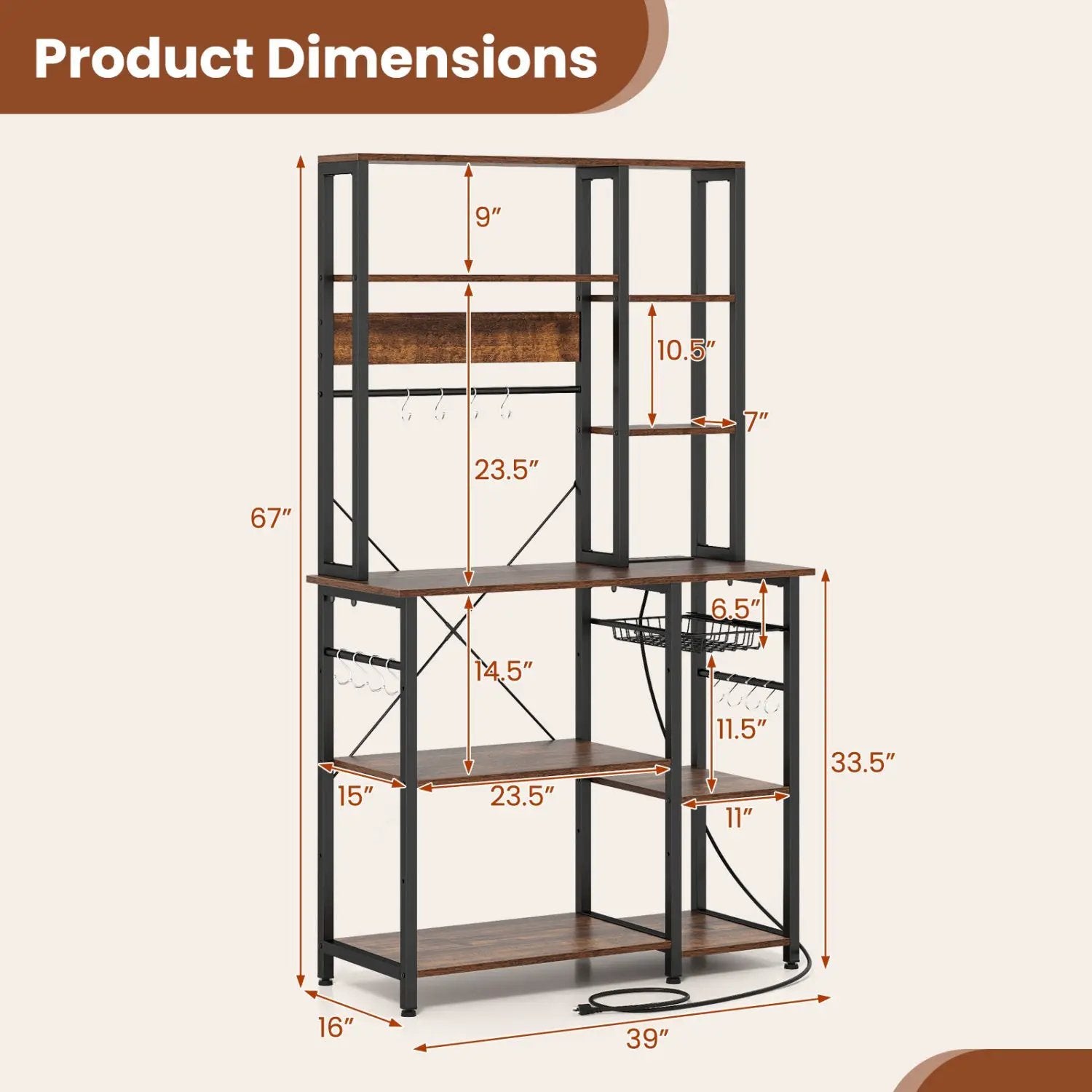 6-Tier Bakers Rack with Power Outlet Stand Wooden Open Shelves by DirectDeals