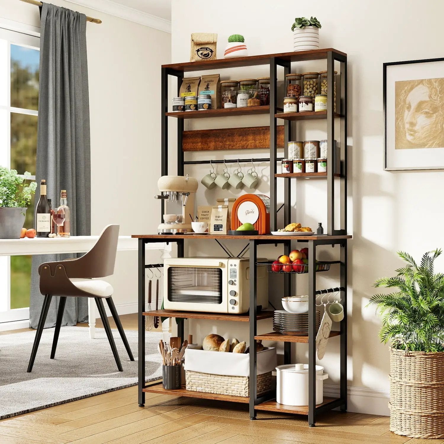 6-Tier Bakers Rack with Power Outlet Stand Wooden Open Shelves by DirectDeals