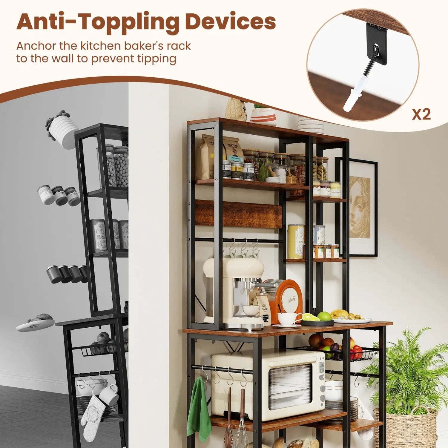 6-Tier Bakers Rack with Power Outlet Stand Wooden Open Shelves by DirectDeals