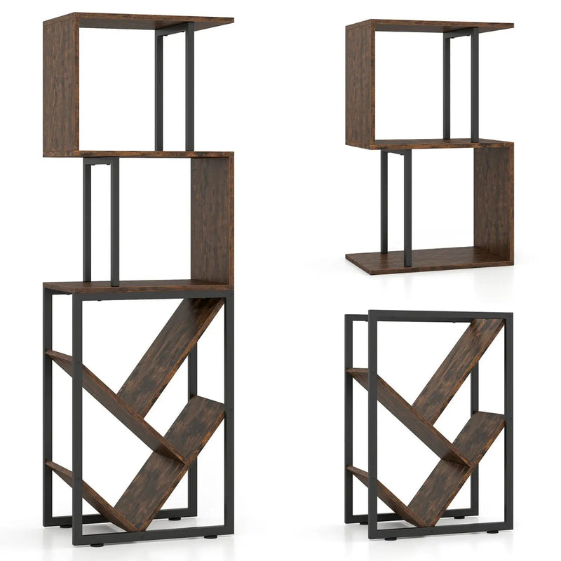 6-Tier Bookshelf Floor Standing Tree S-Shaped Geometric Bookcase with Open Shelves-Brown by DirectDeals