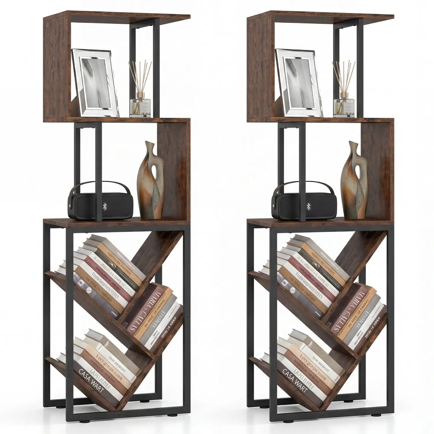 6-Tier Bookshelf Floor Standing Tree S-Shaped Geometric Bookcase with Open Shelves-Brown by DirectDeals