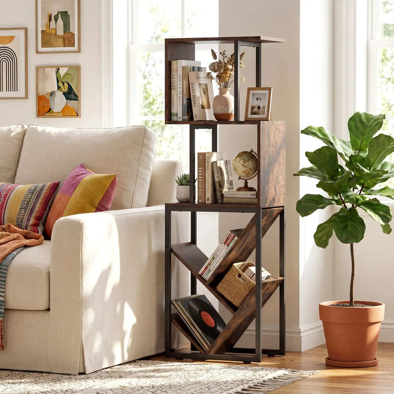 6-Tier Bookshelf Floor Standing Tree S-Shaped Geometric Bookcase with Open Shelves-Brown by DirectDeals