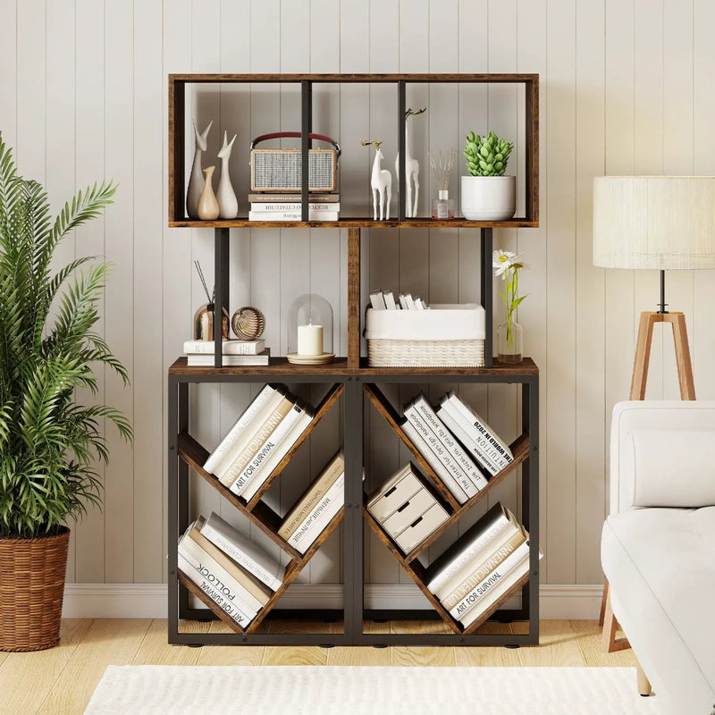 6-Tier Bookshelf Floor Standing Tree S-Shaped Geometric Bookcase with Open Shelves-Brown by DirectDeals
