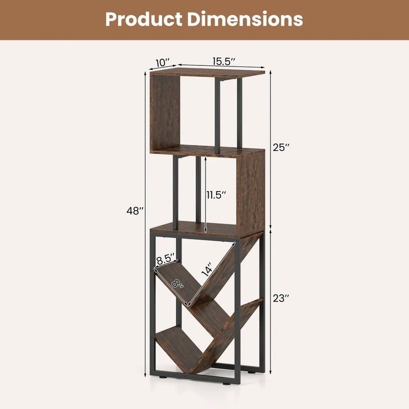 6-Tier Bookshelf Floor Standing Tree S-Shaped Geometric Bookcase with Open Shelves-Brown by DirectDeals