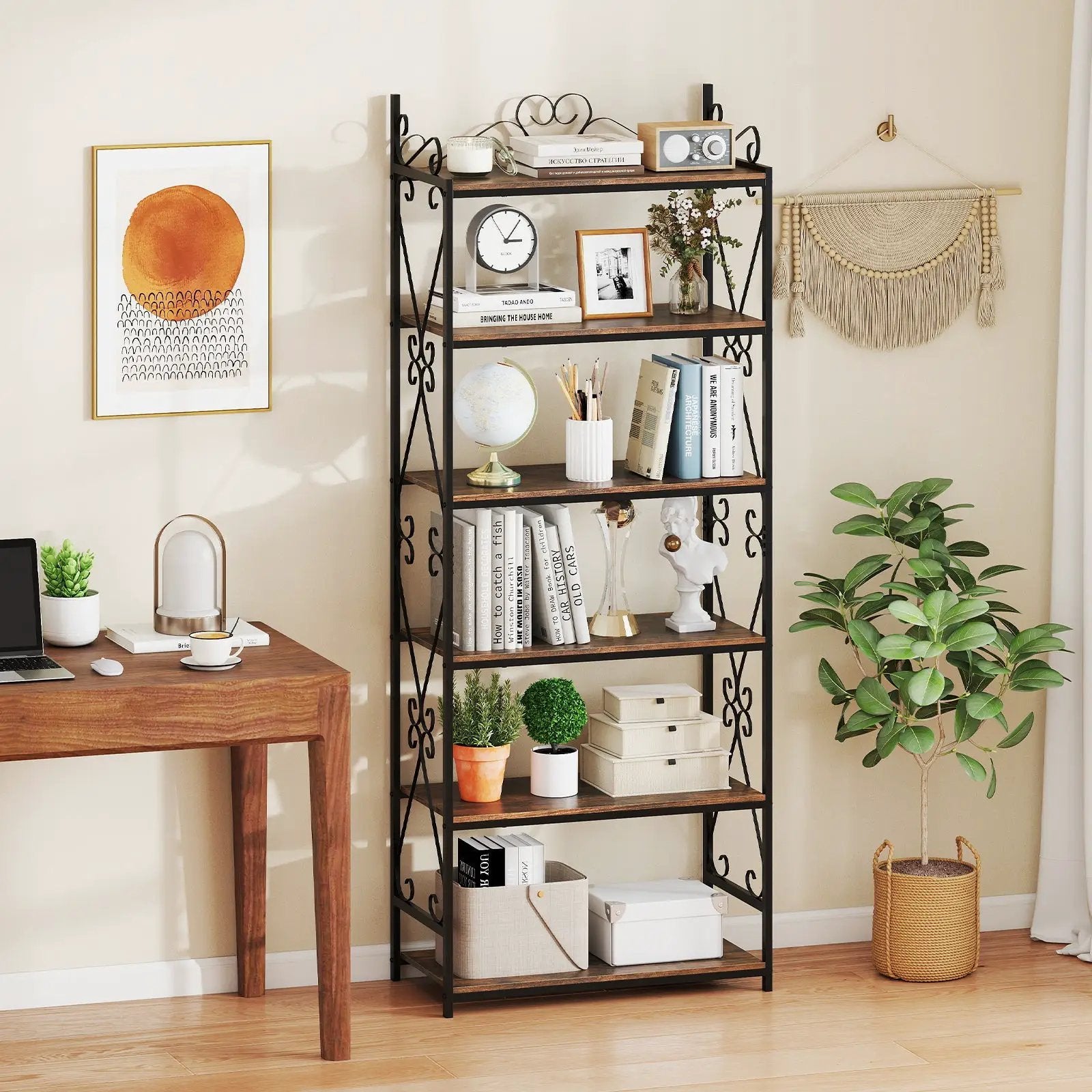6-Tier Bookshelf Industrial Bookcase with 2 Anti-Tipping Kits and Metal Frame-Rustic Brown by DirectDeals